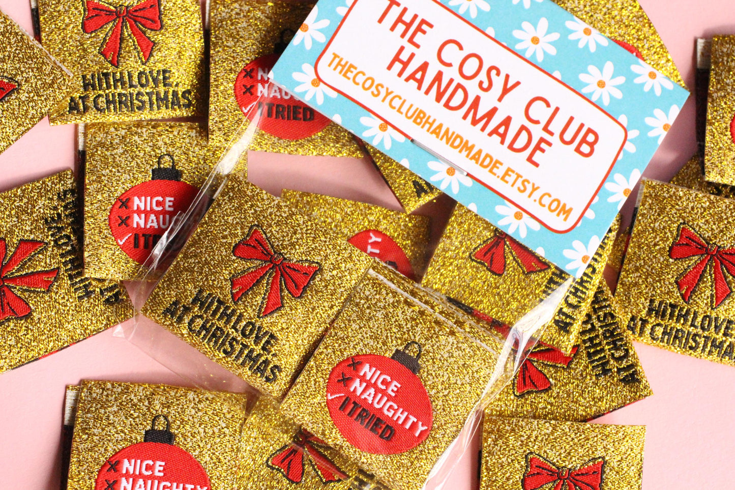 WITH LOVE, AT CHRISTMAS | Sparkly Gold Christmas Woven Sewing Labels (6 Pack) - The Cosy Club Handmade