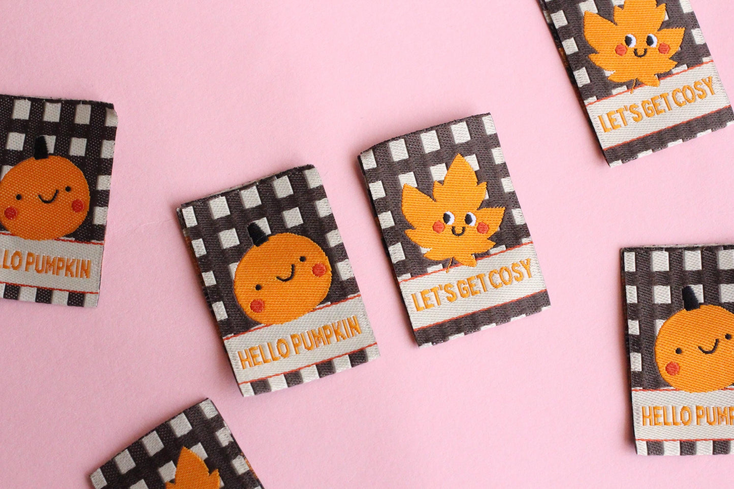 HELLO PUMPKIN / LET'S GET COSY | Autumn Fall Double Sided Woven Sewing Labels (6 Pack) - The Cosy Club Handmade