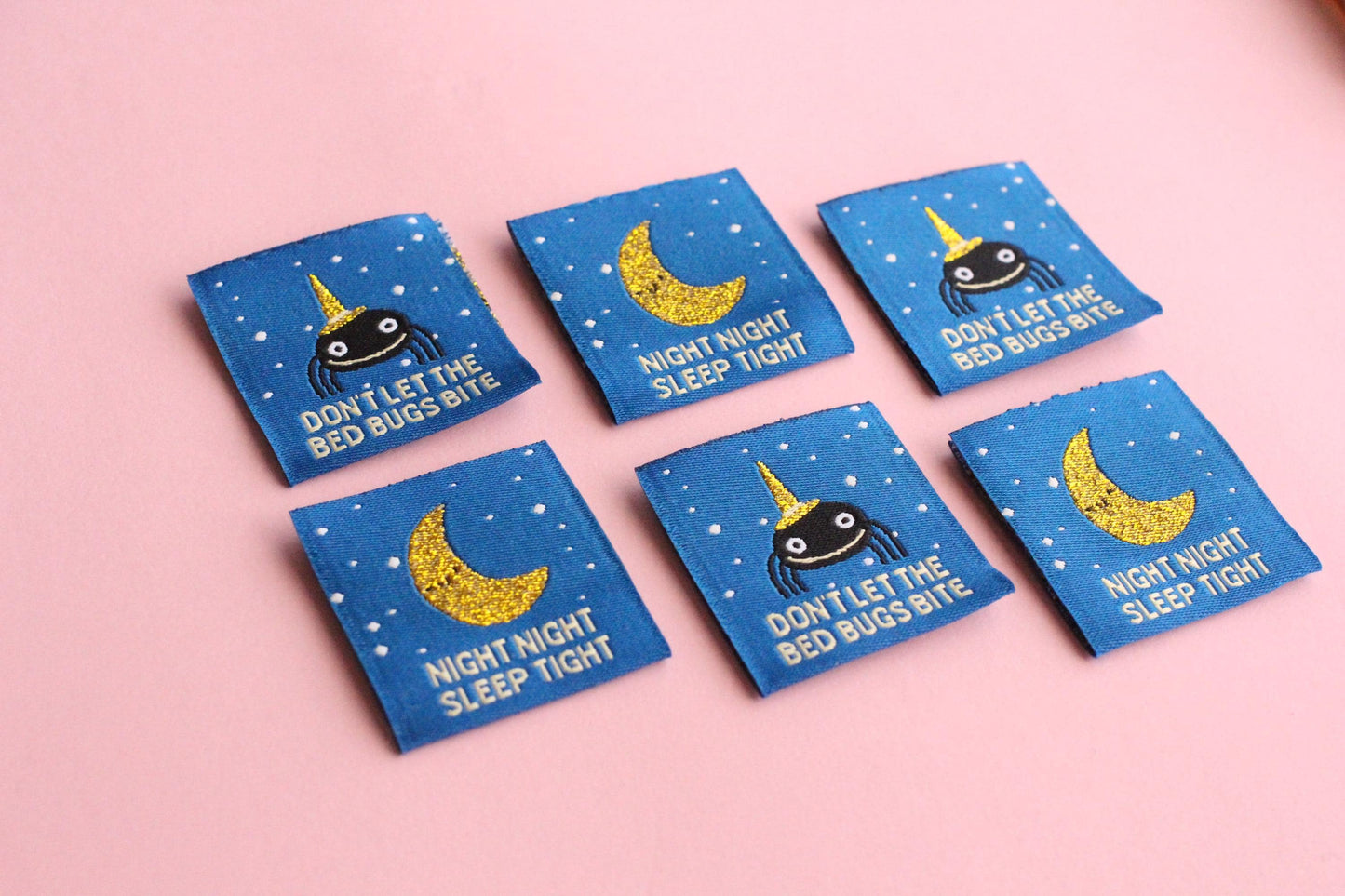 Pyjama Sewing Labels – Pack of 6 Double-Sided Fun Tags, Super Soft Labels for Handmade Projects "Night Night" "Don't Let the Bed Bugs Bite" - The Cosy Club Handmade