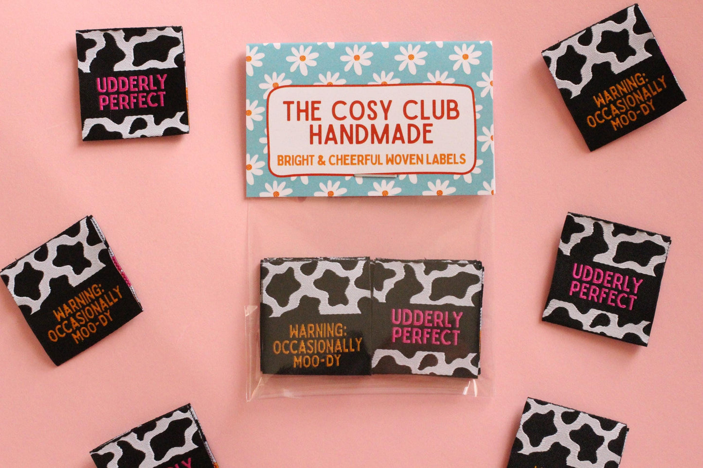 UDDERLY PERFECT / OCCASIONALLY MOO-DY | Cow Print Double Sided Woven Sewing Labels (6 Pack) - The Cosy Club Handmade
