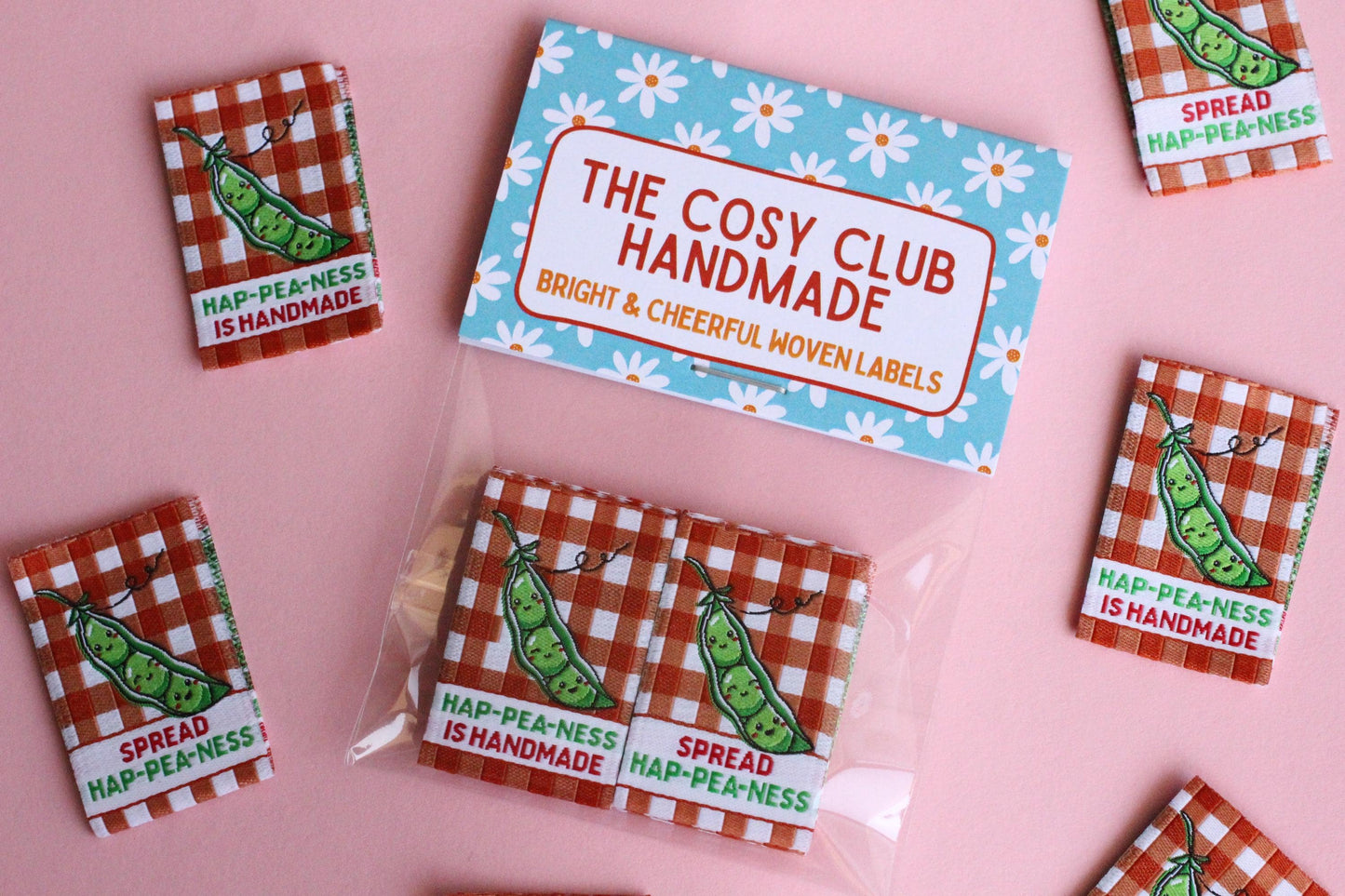 Gingham Woven Sewing Labels – Pack of 6 “Hap-Pea-Ness Is Handmade” Cute Tags, Fun Fabric Labels for Knitting, Quilting & Handmade Clothes - The Cosy Club Handmade