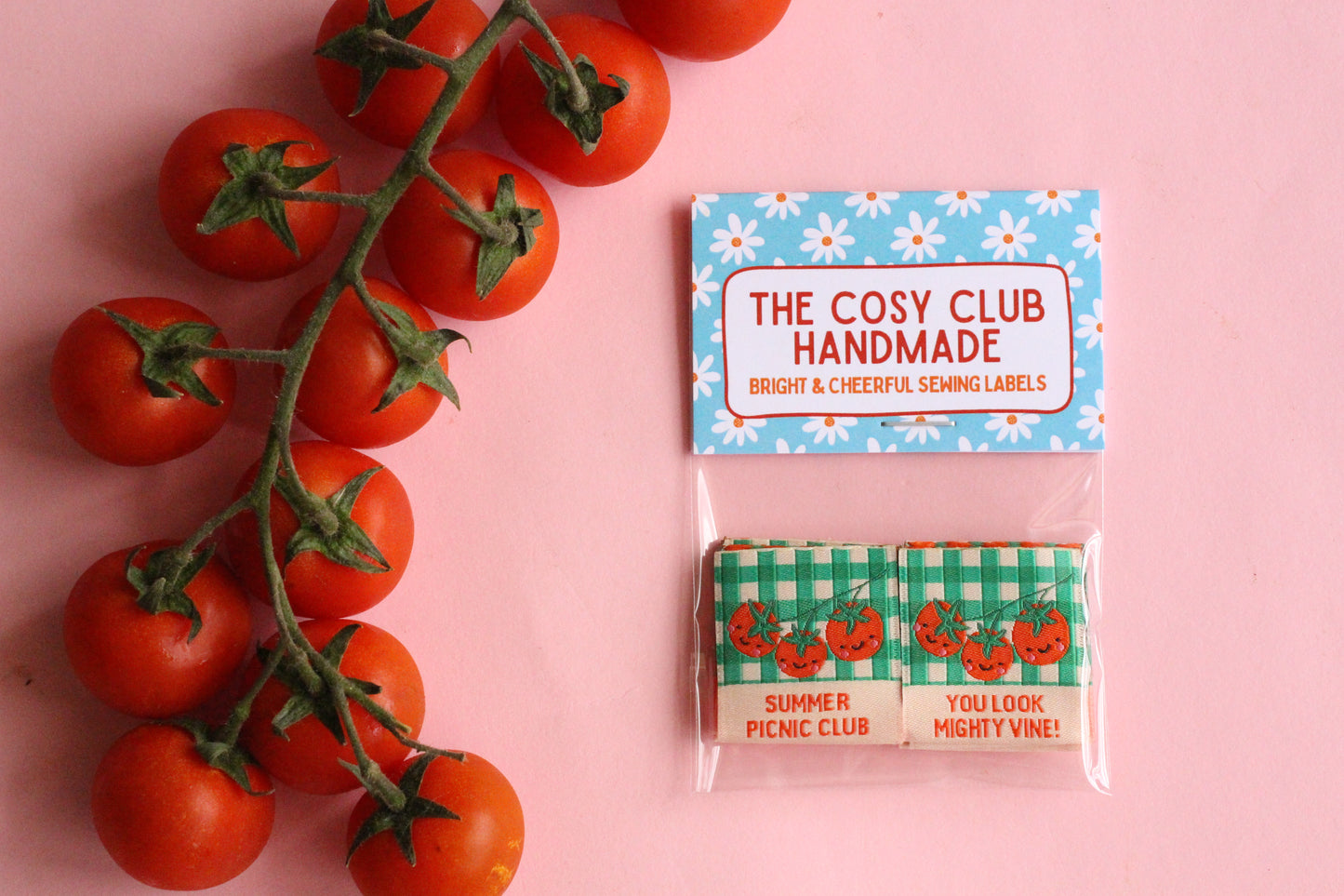 Six double-sided tomato sewing labels from Summer Picnic Club by The Cosy Club Handmade, featuring colorful, decorative design.