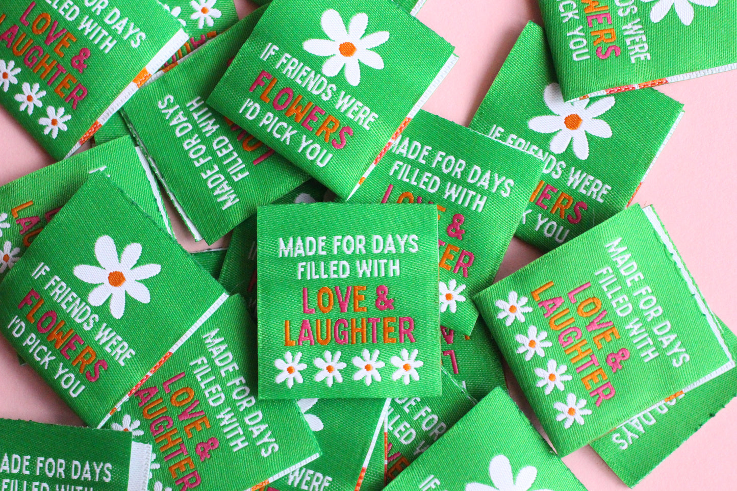 Double-sided woven label with "If Friends Were Flowers, I'd Pick You" by The Cosy Club Handmade, featuring floral and friendship design.