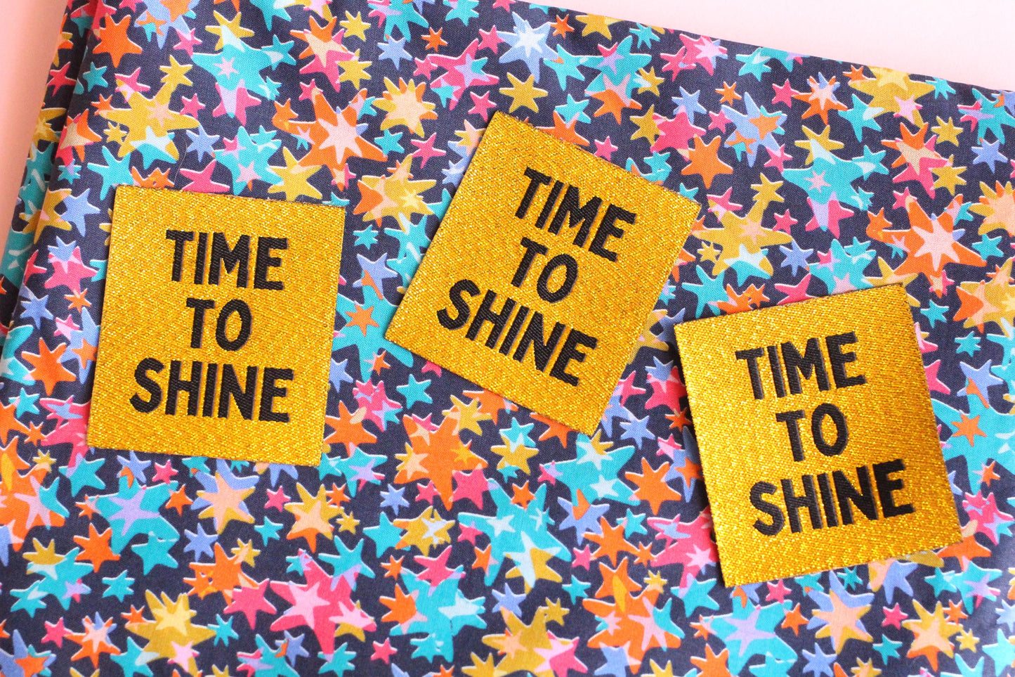 Metallic Gold Woven Sewing Labels – Pack of 5 “Time to Shine” Tags, Shiny Clothing Labels for Handmade Knitting, Crochet & Quilting - The Cosy Club Handmade