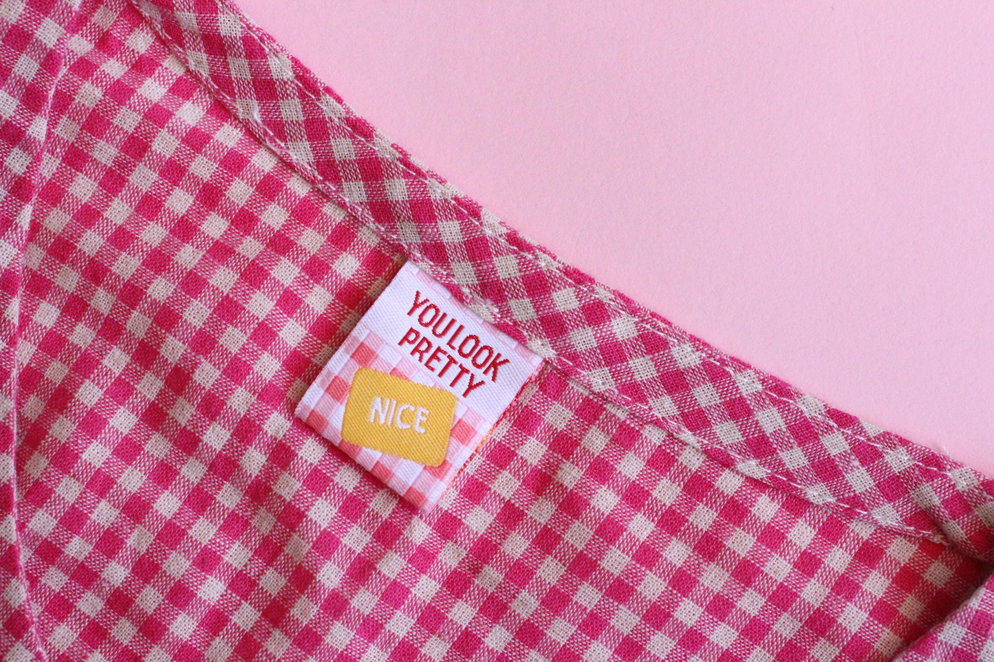Sewing labels for handmade | Pack of 6 pink gingham woven sewing labels - "Lovingly Handmade" "You Look Pretty (Nice)" | Cute clothing tag - The Cosy Club Handmade