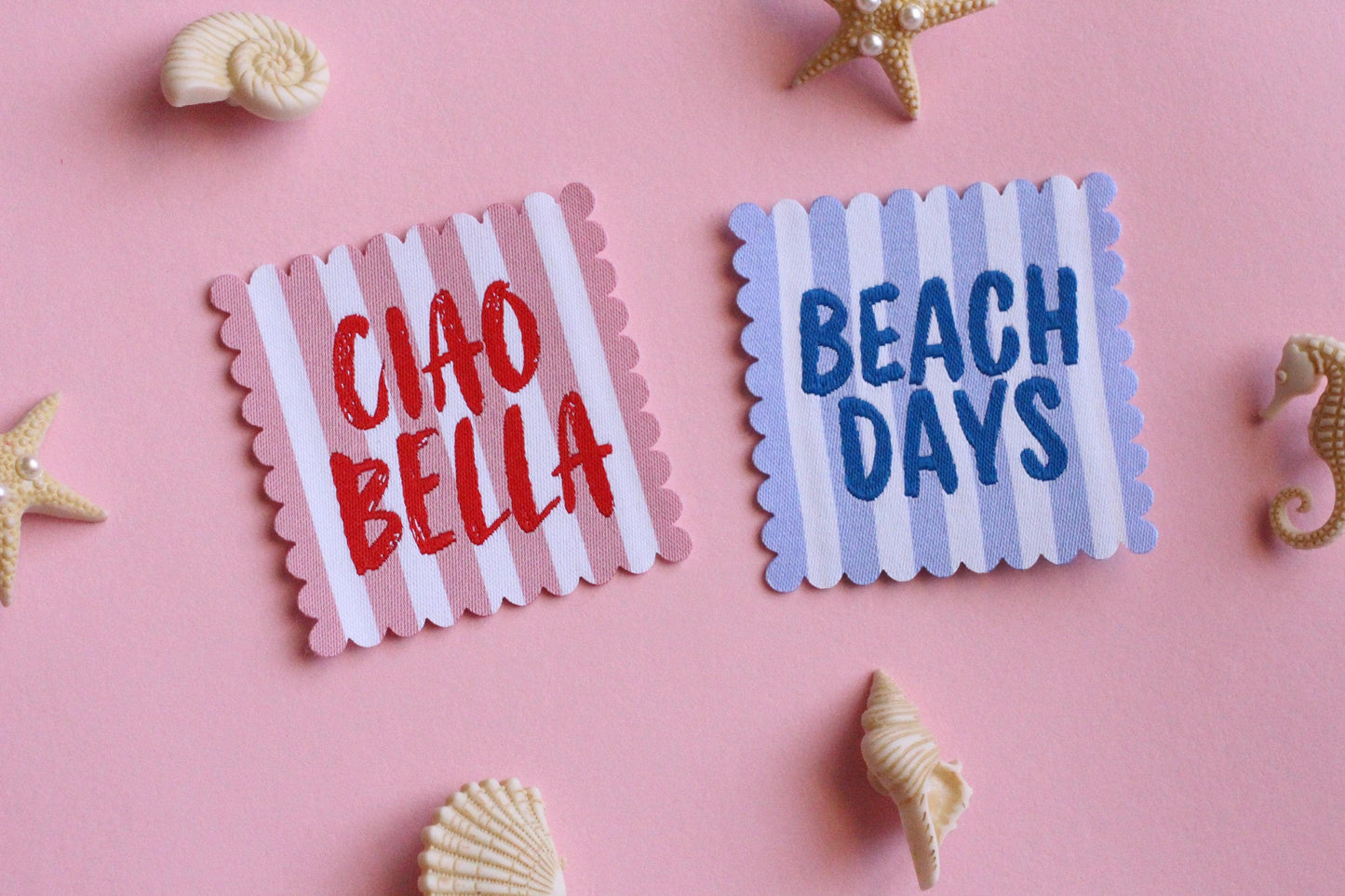 Ciao Bella SCALLOP EDGE Woven Sewing Labels: Cute Pink & White Stripe Clothes Tags for Handmade Projects, Summer Woven Labels, Interfaced - The Cosy Club Handmade