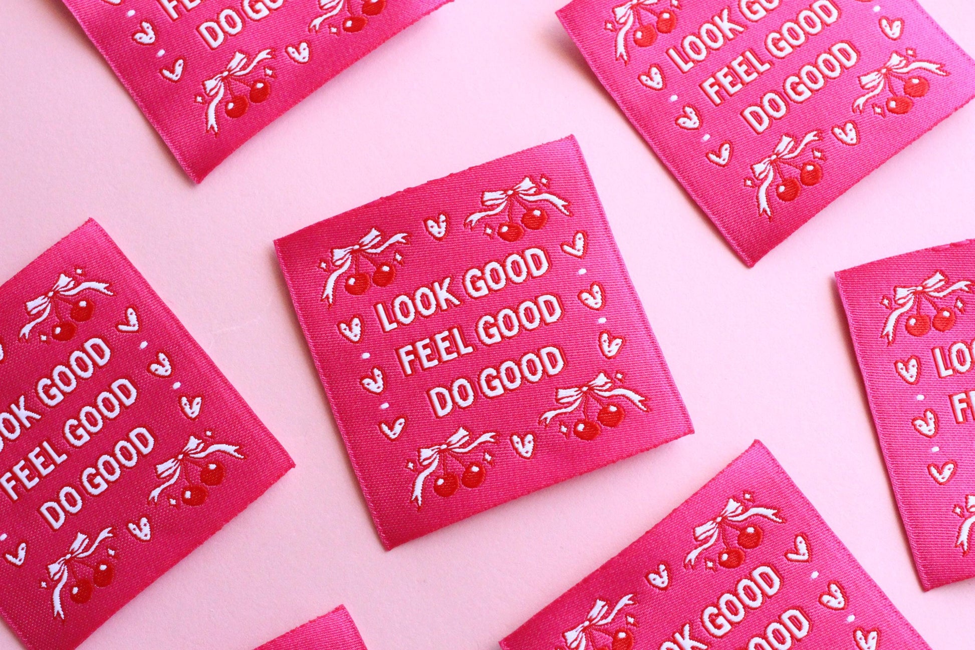 Pink Woven Sewing Labels – Pack of 5 Coquette Bow Cherry “Feel Good Look Good Do Good” Tags, Fun Clothing Labels for Handmade Projects - The Cosy Club Handmade