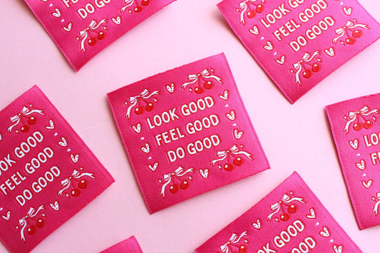 Pink Woven Sewing Labels – Pack of 5 Coquette Bow Cherry “Feel Good Look Good Do Good” Tags, Fun Clothing Labels for Handmade Projects - The Cosy Club Handmade
