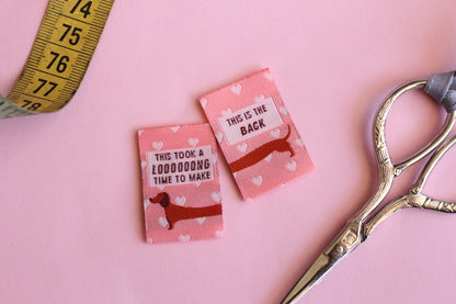 Woven Sewing Labels for Handmade Clothes – Pack of 6 Pink Sausage Dog Tags, “This Took A Long Time To Make” & “This Is the Back” - The Cosy Club Handmade