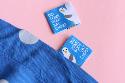 Funny Woven Sewing Labels – Pack of 6 Seagull “Did Somebody Say Chips?” Tags, Fabric Labels for Handmade Clothes & Quilting - The Cosy Club Handmade