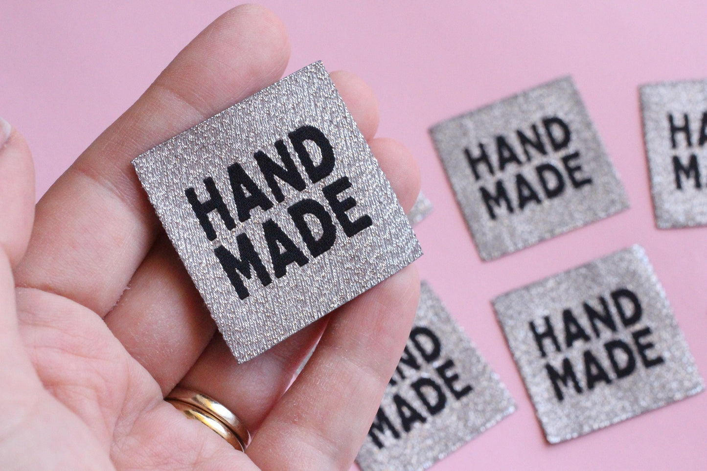 Metallic Silver "HANDMADE" Woven Sewing Labels - Pack of 5 labels for handmade projects, Super sparkly fabric labels for knitting, crochet - The Cosy Club Handmade