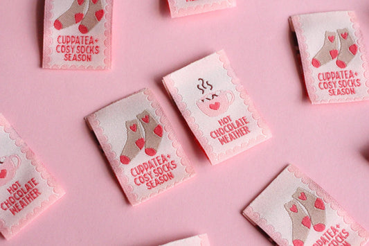 HOT CHOCOLATE WEATHER | Cosy Winter Double Sided Woven Sewing Labels (6 Pack) - The Cosy Club Handmade