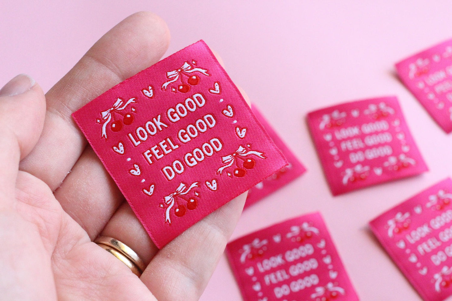 Pink Woven Sewing Labels – Pack of 5 Coquette Bow Cherry “Feel Good Look Good Do Good” Tags, Fun Clothing Labels for Handmade Projects - The Cosy Club Handmade