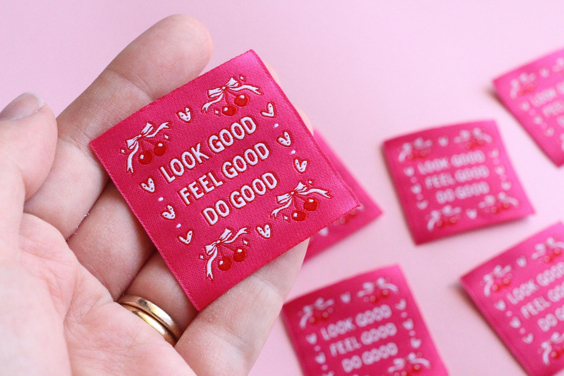 Pink Woven Sewing Labels – Pack of 5 Coquette Bow Cherry “Feel Good Look Good Do Good” Tags, Fun Clothing Labels for Handmade Projects - The Cosy Club Handmade