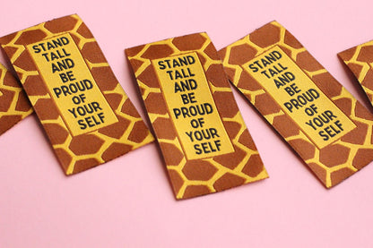 Giraffe Woven Sewing Labels – Pack of 5 “Stand Tall and Be Proud of Yourself” Tags, Fun Clothing Labels for Handmade Clothes, Quilting - The Cosy Club Handmade