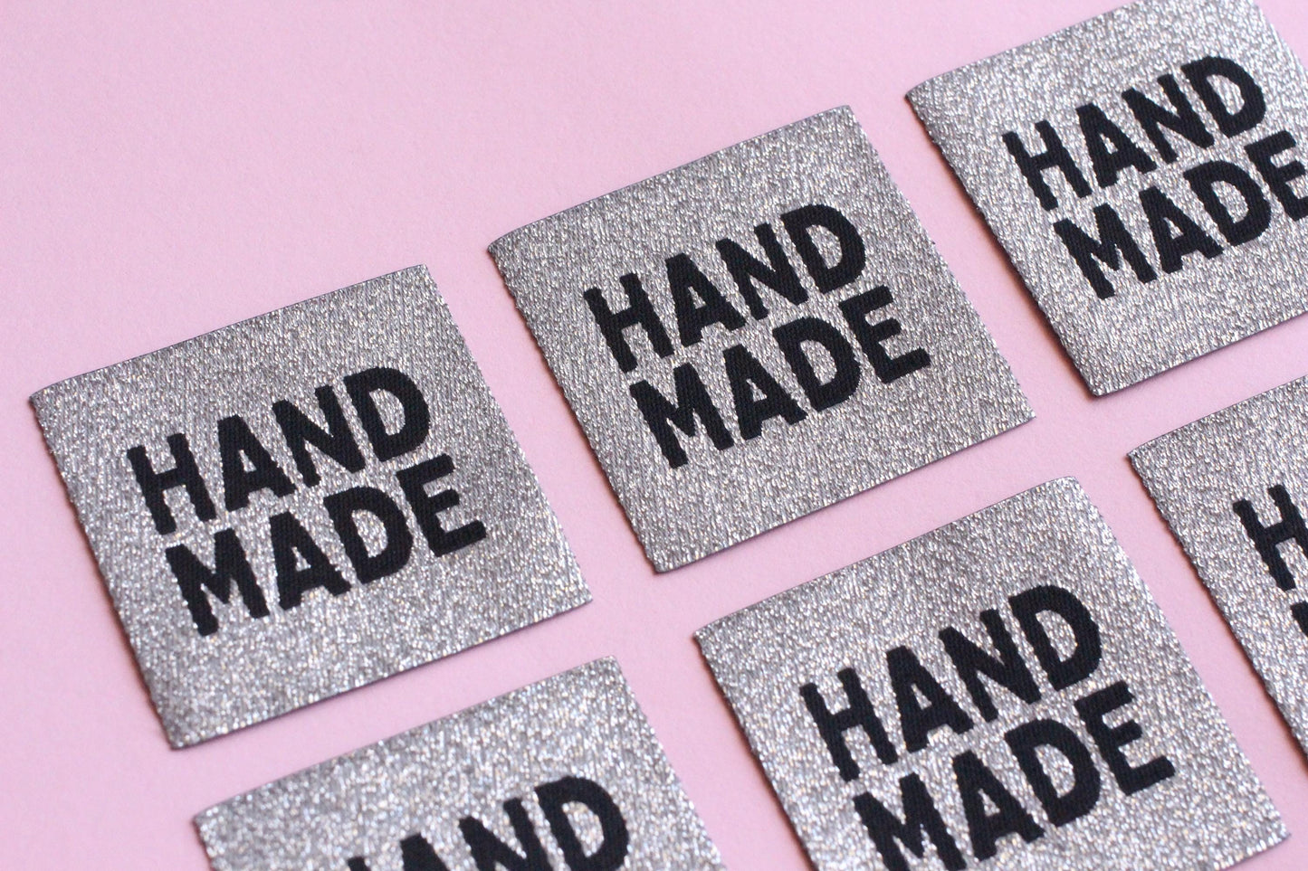 Metallic Silver "HANDMADE" Woven Sewing Labels - Pack of 5 labels for handmade projects, Super sparkly fabric labels for knitting, crochet - The Cosy Club Handmade