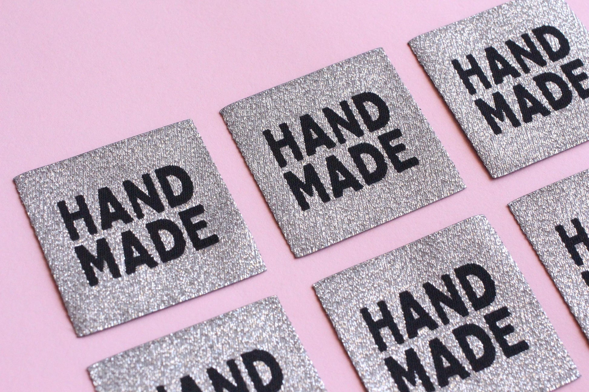 Metallic Silver "HANDMADE" Woven Sewing Labels - Pack of 5 labels for handmade projects, Super sparkly fabric labels for knitting, crochet - The Cosy Club Handmade