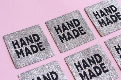 Metallic Silver "HANDMADE" Woven Sewing Labels - Pack of 5 labels for handmade projects, Super sparkly fabric labels for knitting, crochet - The Cosy Club Handmade