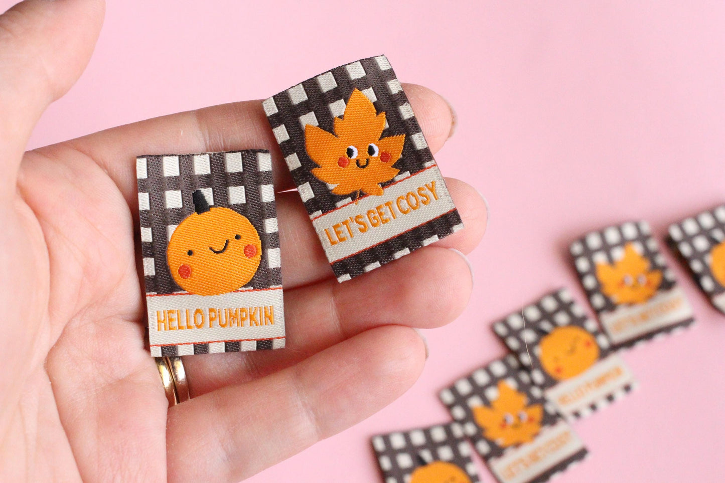 HELLO PUMPKIN / LET'S GET COSY | Autumn Fall Double Sided Woven Sewing Labels (6 Pack) - The Cosy Club Handmade