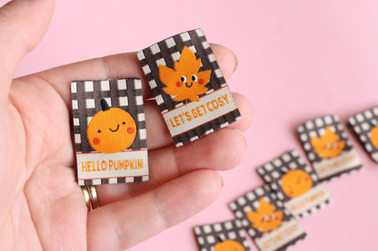 HELLO PUMPKIN / LET'S GET COSY | Autumn Fall Double Sided Woven Sewing Labels (6 Pack) - The Cosy Club Handmade
