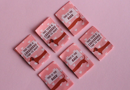 Woven Sewing Labels for Handmade Clothes – Pack of 6 Pink Sausage Dog Tags, “This Took A Long Time To Make” & “This Is the Back” - The Cosy Club Handmade