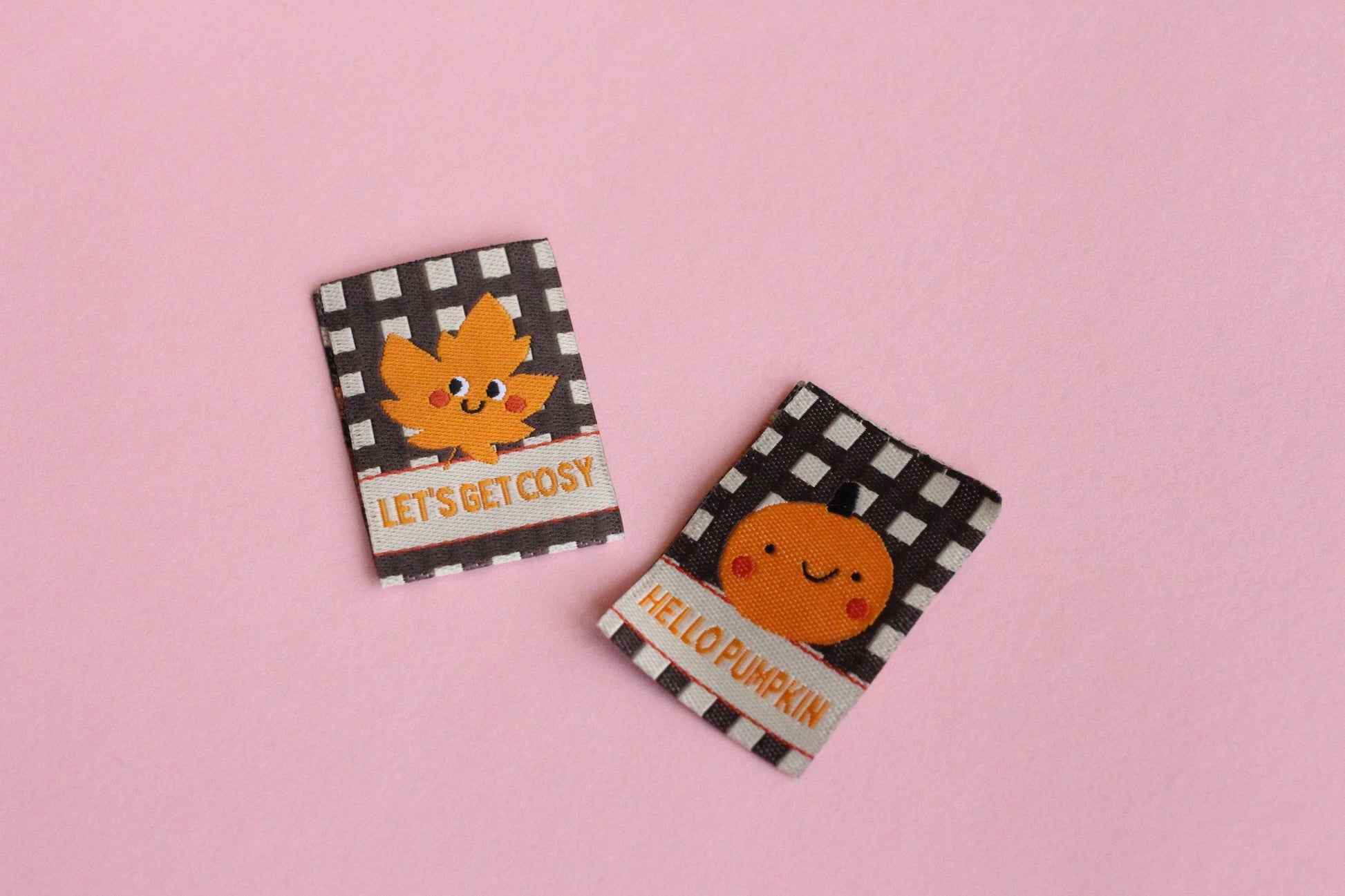 HELLO PUMPKIN / LET'S GET COSY | Autumn Fall Double Sided Woven Sewing Labels (6 Pack) - The Cosy Club Handmade