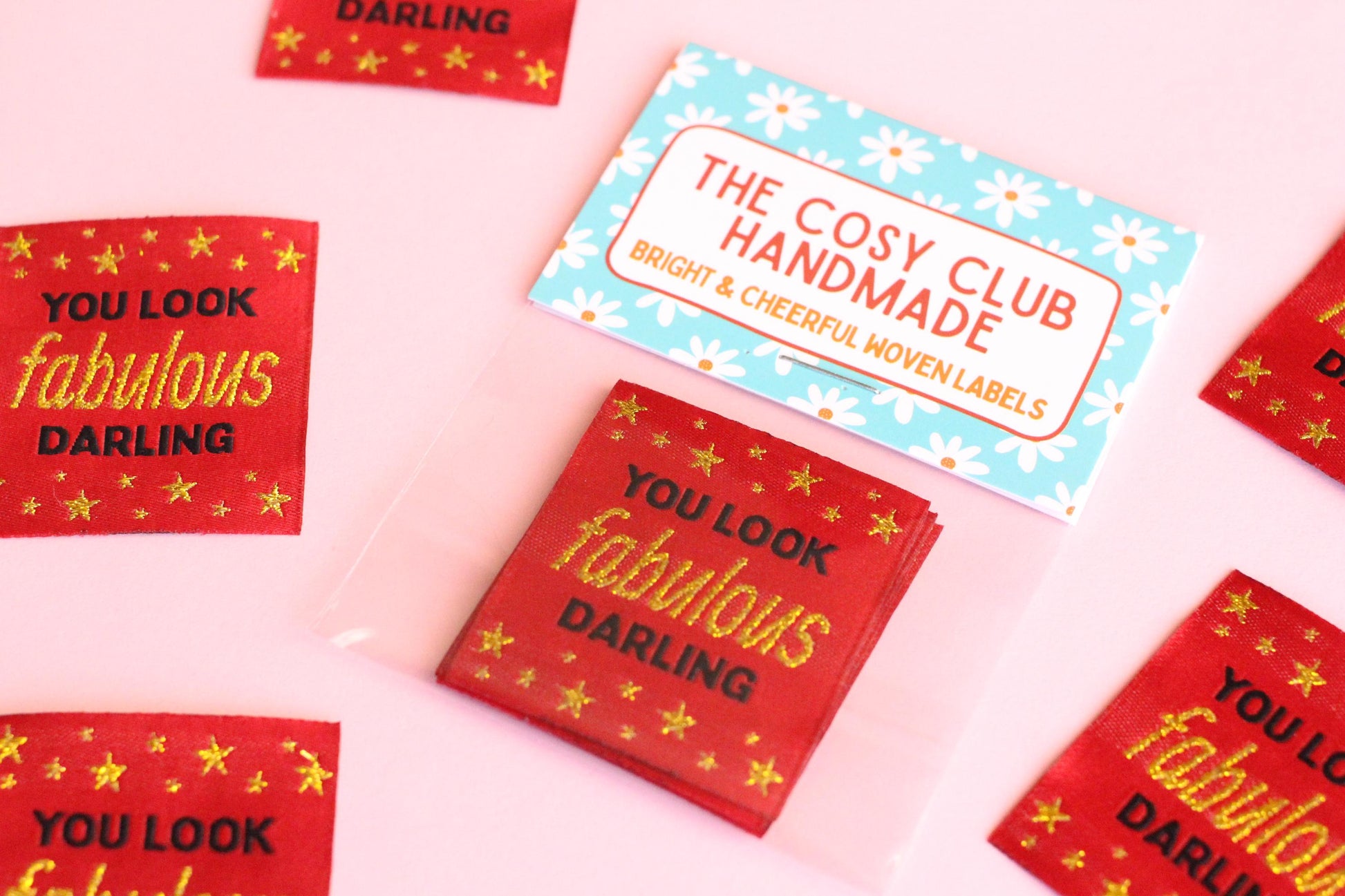 Metallic Gold Woven Sewing Labels – Pack of 5 “You Look Fabulous Darling” Tags, Handmade Clothing Labels for Crochet & Knitting - The Cosy Club Handmade