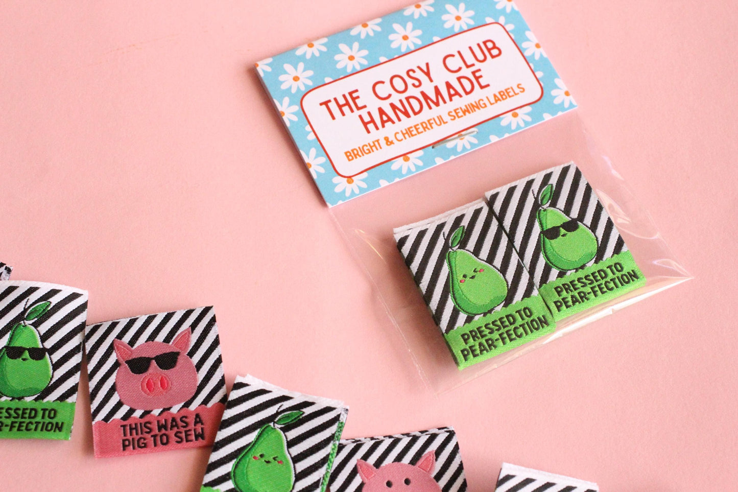 Double Sided Woven Sewing Labels | The Cosy Club Handmade x Adam Sews "Pressed to Pear-fection" "This was a Pig to Sew" Tags for Handmade - The Cosy Club Handmade