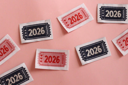 2026 Year Woven Sewing Labels - Pack of 6 vintage ticket design labels for handmade items, crochet, quilting, knitting, Blue or Pink - The Cosy Club Handmade