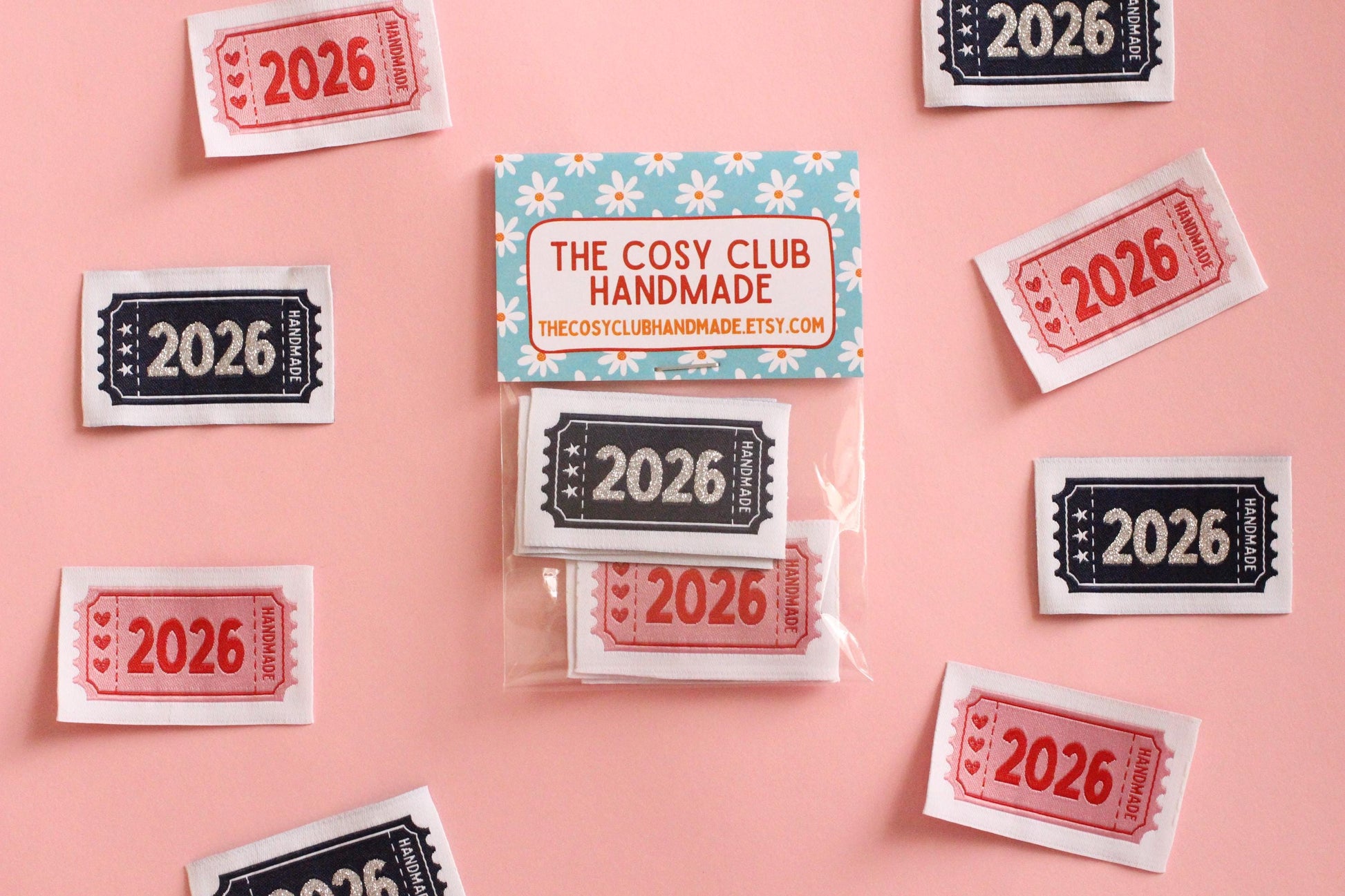 2026 Year Woven Sewing Labels - Pack of 6 vintage ticket design labels for handmade items, crochet, quilting, knitting, Blue or Pink - The Cosy Club Handmade