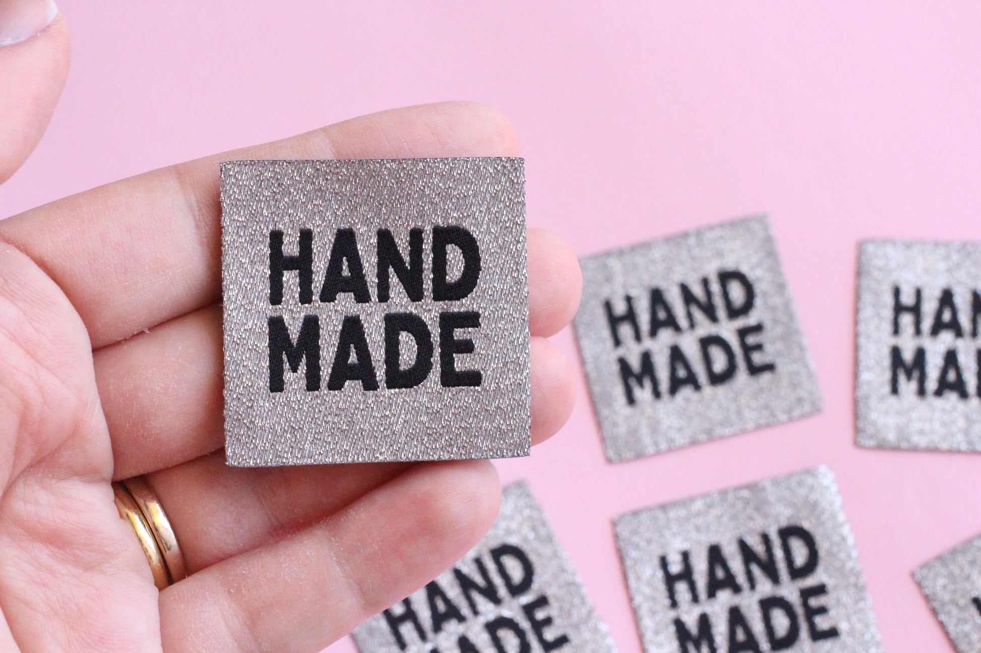 Metallic Silver "HANDMADE" Woven Sewing Labels - Pack of 5 labels for handmade projects, Super sparkly fabric labels for knitting, crochet - The Cosy Club Handmade