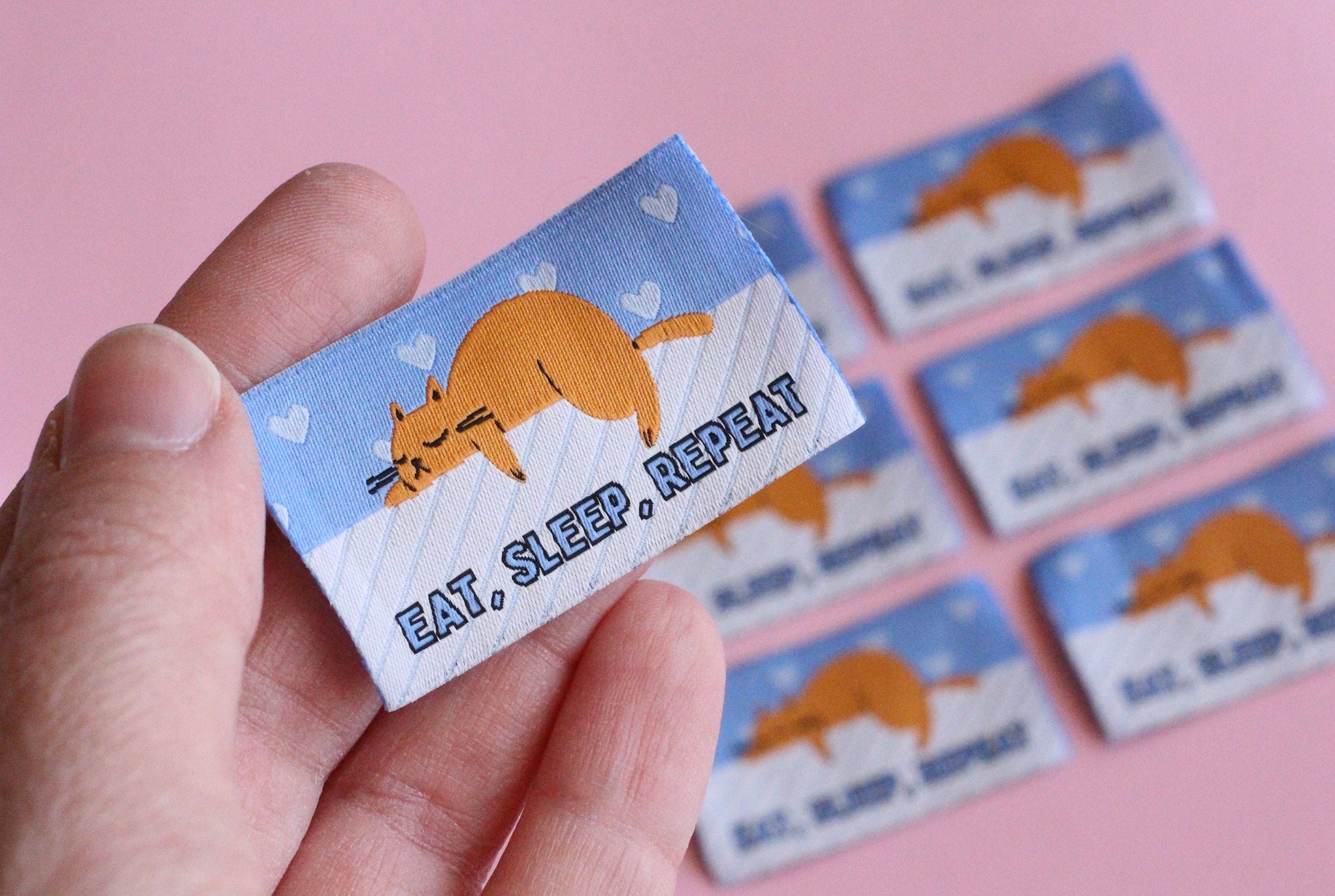 Ginger Cat Woven Sewing Labels: 'Eat Sleep Repeat' Pack of 5 Super Soft High Quality Fun Sewing Tags for Handmade Projects, Quilting, Crafts - The Cosy Club Handmade
