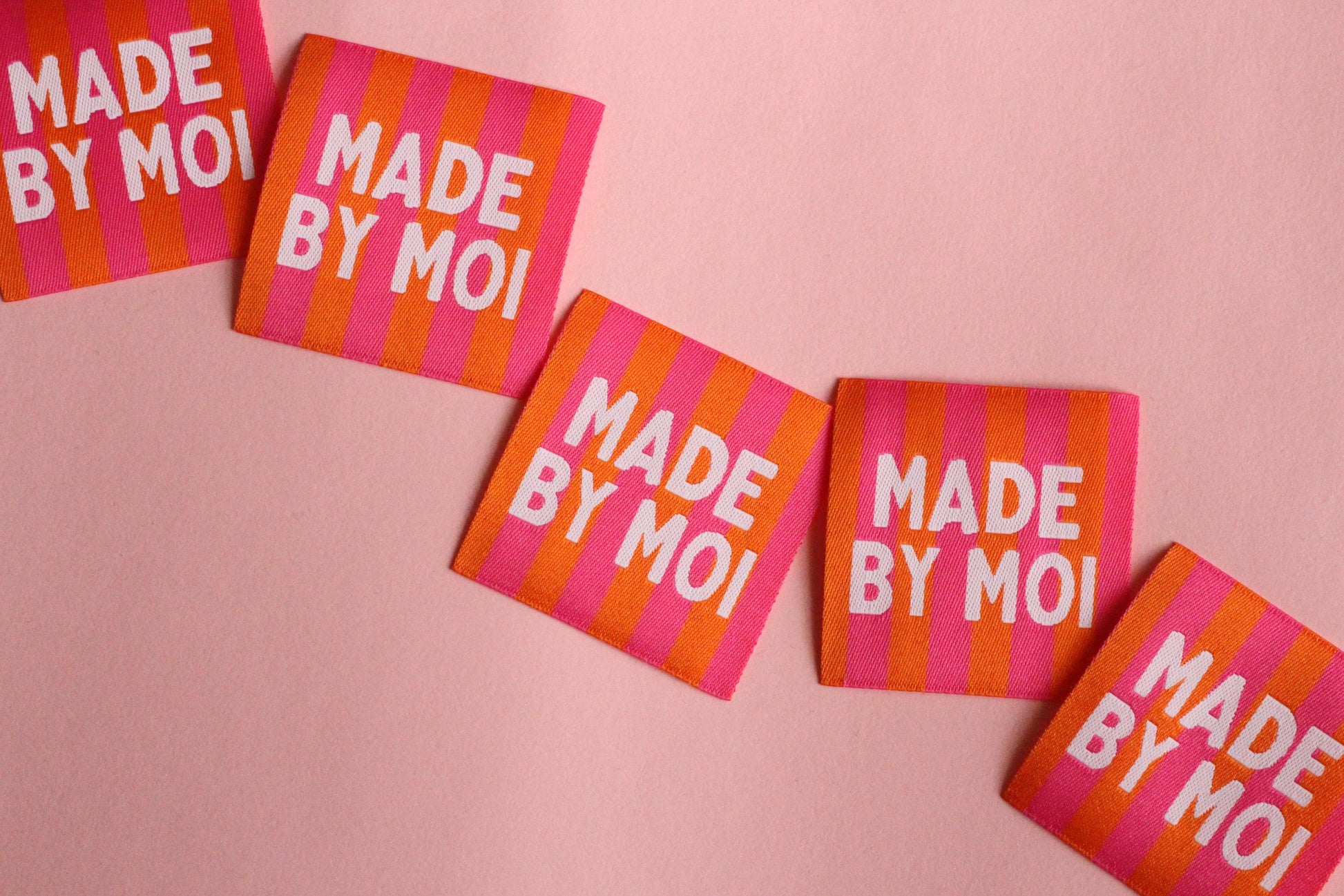 Woven Sewing Labels – Pink Orange Pack of 5 Labels “Made By Moi” Tags, Fun Clothing Labels for Handmade Projects, Knitting - The Cosy Club Handmade