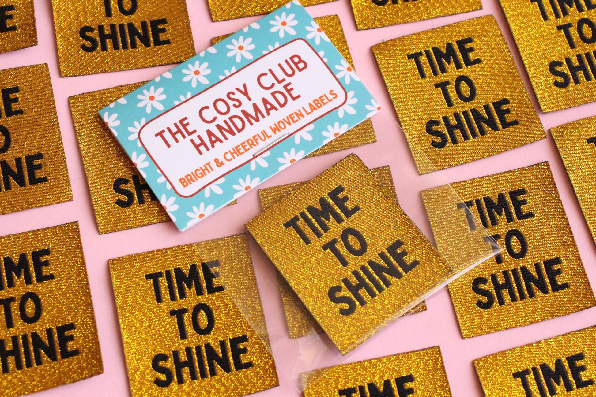 Metallic Gold Woven Sewing Labels – Pack of 5 “Time to Shine” Tags, Shiny Clothing Labels for Handmade Knitting, Crochet & Quilting - The Cosy Club Handmade