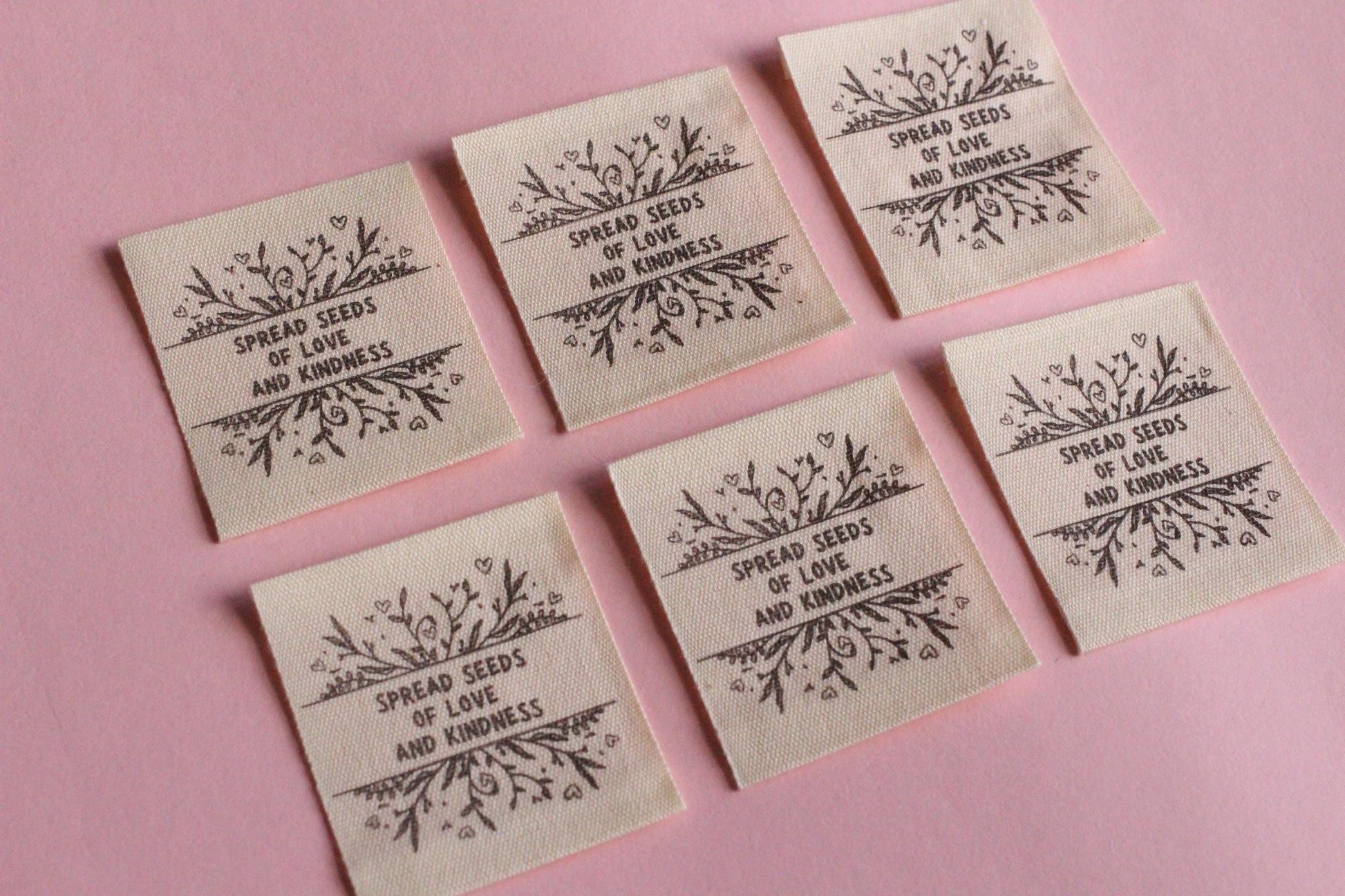 Organic Cotton Sewing Labels – Pack of 6 Unbleached “Spread Seeds of Love and Kindness” Tags, Eco-Friendly Labels for Knitting and Handmade - The Cosy Club Handmade