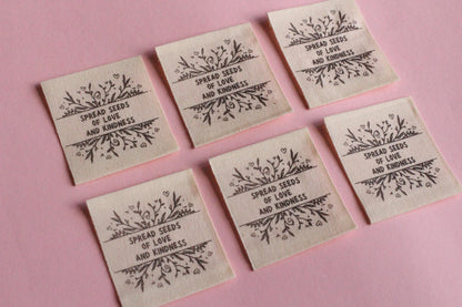 Organic Cotton Sewing Labels – Pack of 6 Unbleached “Spread Seeds of Love and Kindness” Tags, Eco-Friendly Labels for Knitting and Handmade - The Cosy Club Handmade