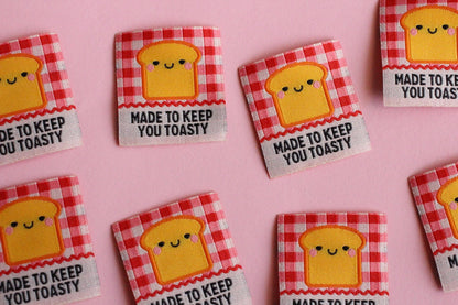 Red Gingham Woven Sewing Labels – Pack of 5 “Made to Keep You Toasty” Tags, Fun Fabric Labels for Handmade Clothes & Quilting - The Cosy Club Handmade