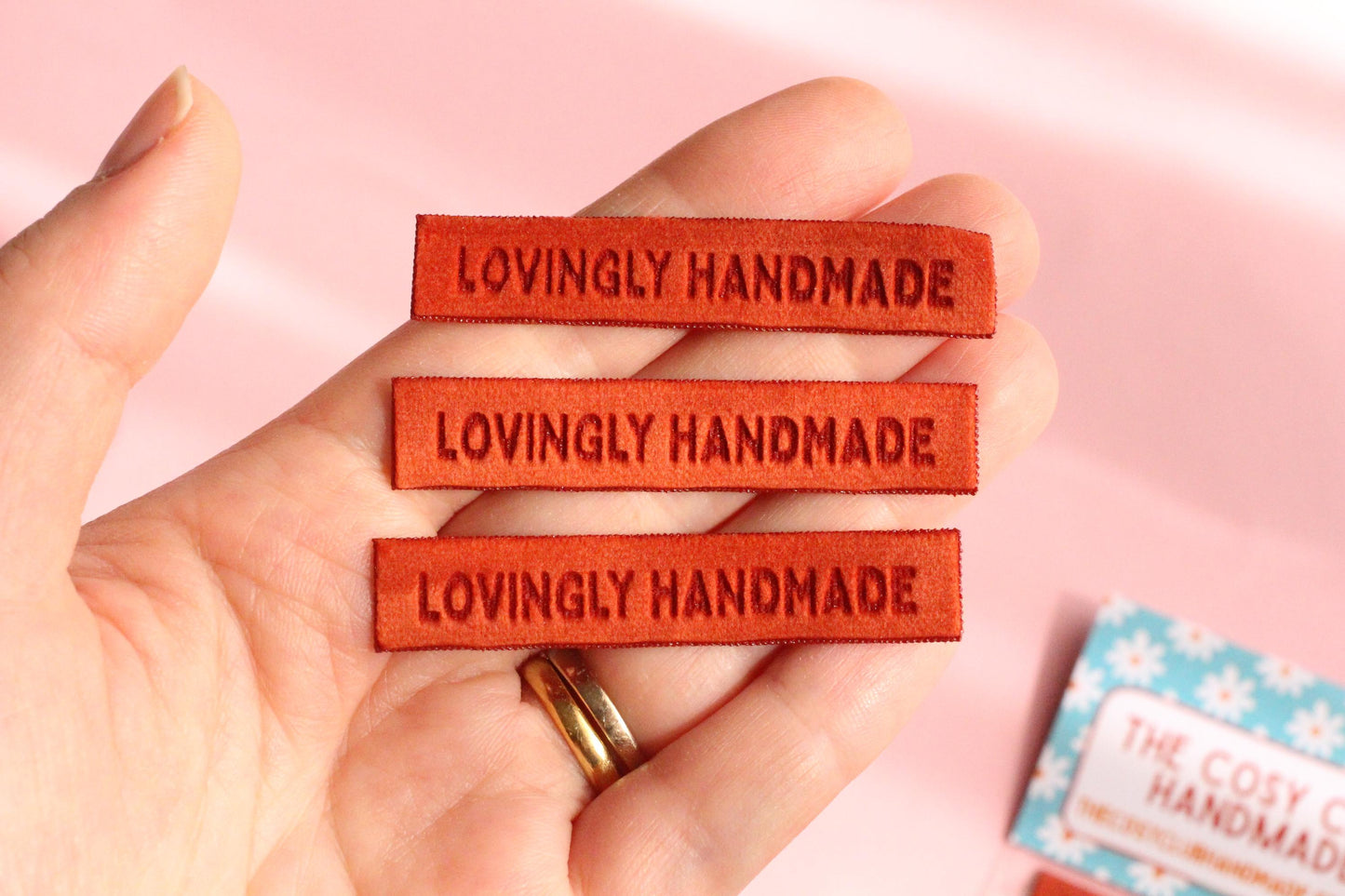 Velvet labels for handmade clothes | Pack of 4 rust orange velvet sewing labels "Lovingly Handmade" | Soft velvet tags for handmade items - The Cosy Club Handmade