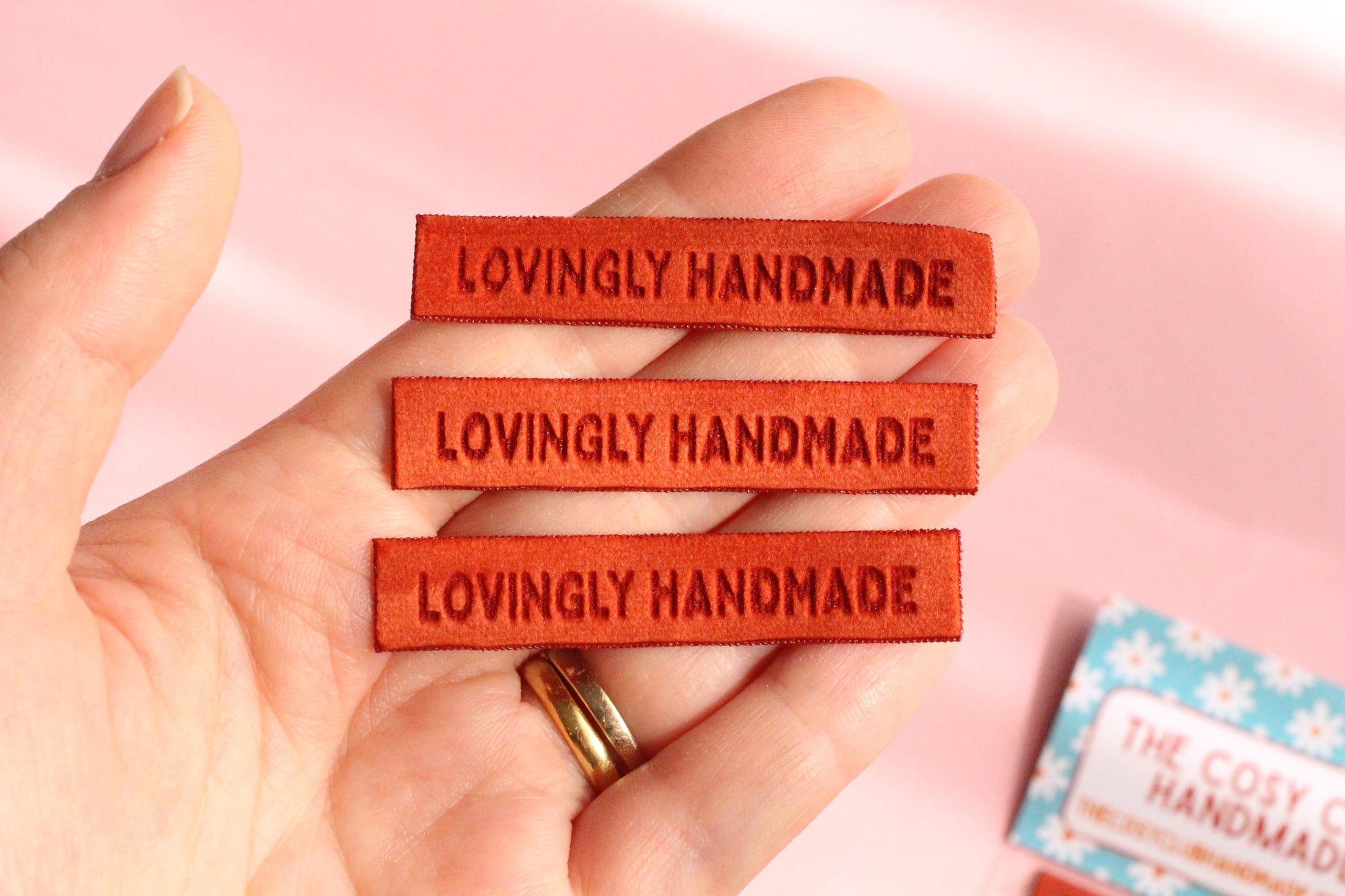 Velvet labels for handmade clothes | Pack of 4 rust orange velvet sewing labels "Lovingly Handmade" | Soft velvet tags for handmade items - The Cosy Club Handmade