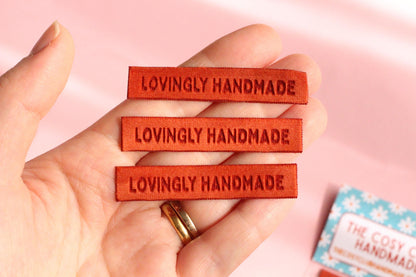 Velvet labels for handmade clothes | Pack of 4 rust orange velvet sewing labels "Lovingly Handmade" | Soft velvet tags for handmade items - The Cosy Club Handmade