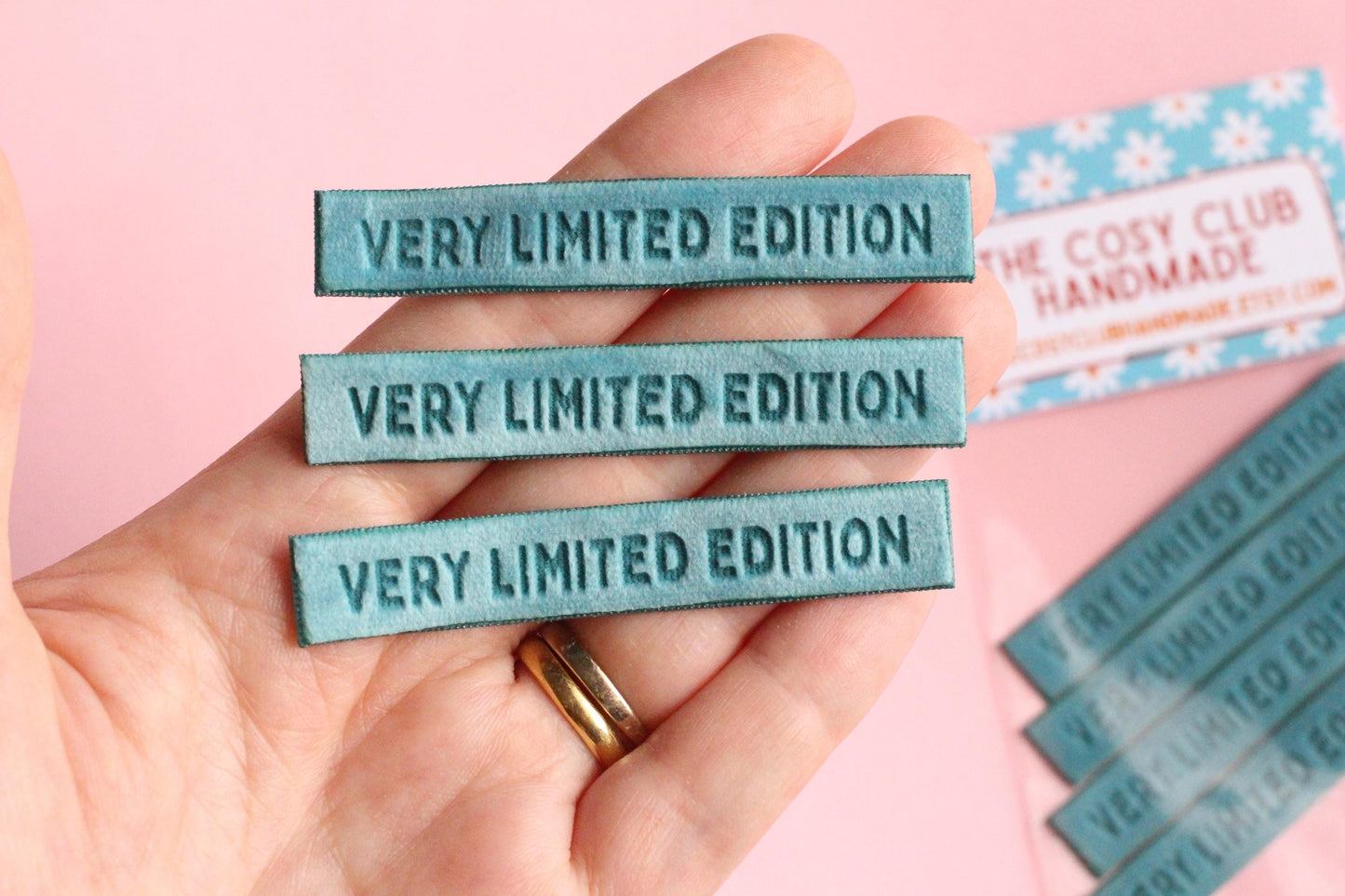 Velvet labels for handmade clothes | Pack of 4 teal velvet sewing labels "Very Limited Edition" | Soft velvet tags for handmade items - The Cosy Club Handmade