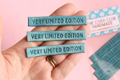 Velvet labels for handmade clothes | Pack of 4 teal velvet sewing labels "Very Limited Edition" | Soft velvet tags for handmade items - The Cosy Club Handmade