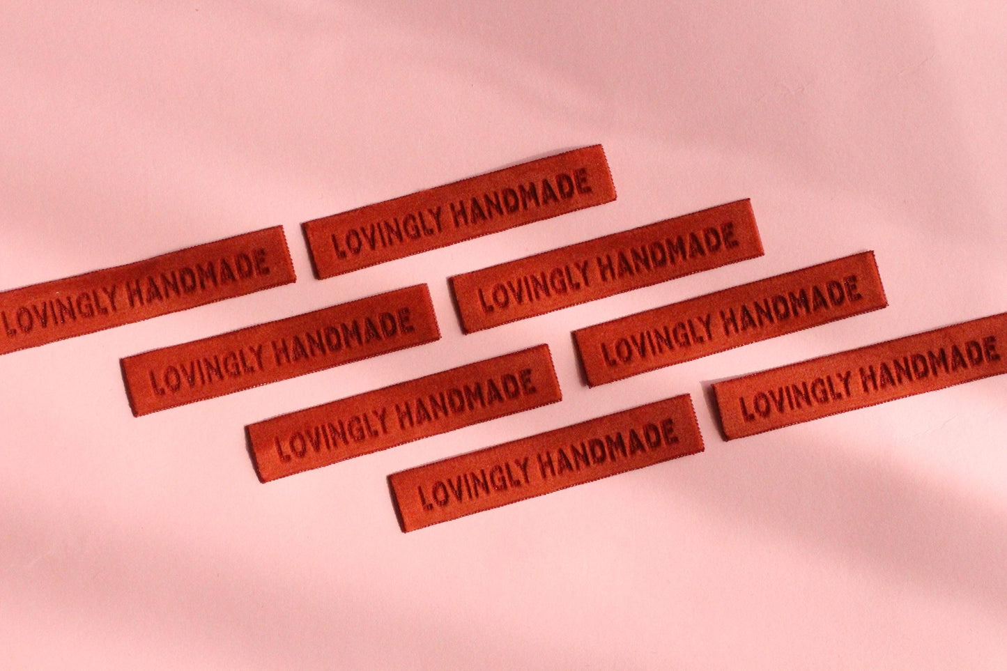 Velvet labels for handmade clothes | Pack of 4 rust orange velvet sewing labels "Lovingly Handmade" | Soft velvet tags for handmade items - The Cosy Club Handmade