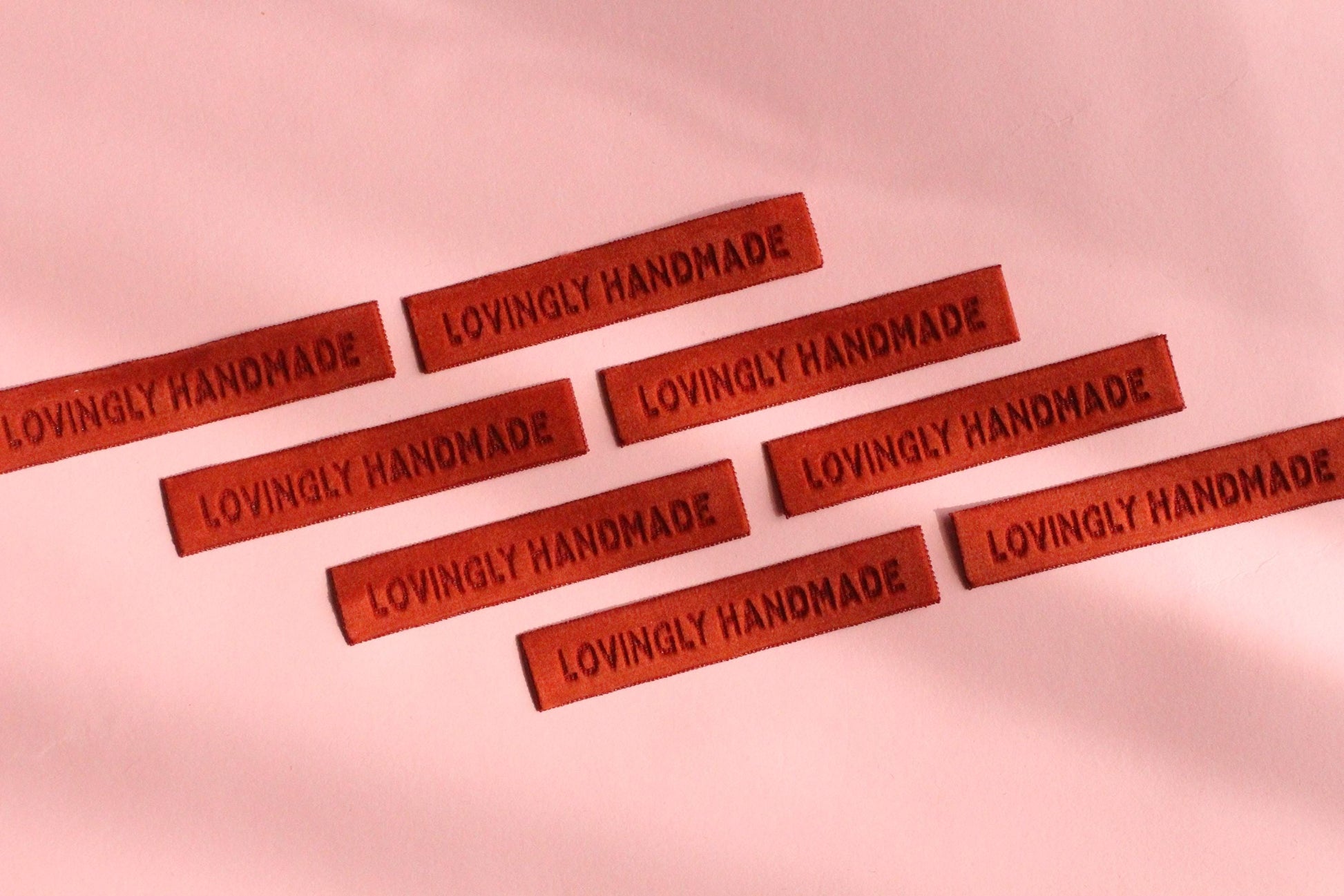Velvet labels for handmade clothes | Pack of 4 rust orange velvet sewing labels "Lovingly Handmade" | Soft velvet tags for handmade items - The Cosy Club Handmade