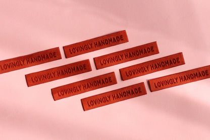 Velvet labels for handmade clothes | Pack of 4 rust orange velvet sewing labels "Lovingly Handmade" | Soft velvet tags for handmade items - The Cosy Club Handmade