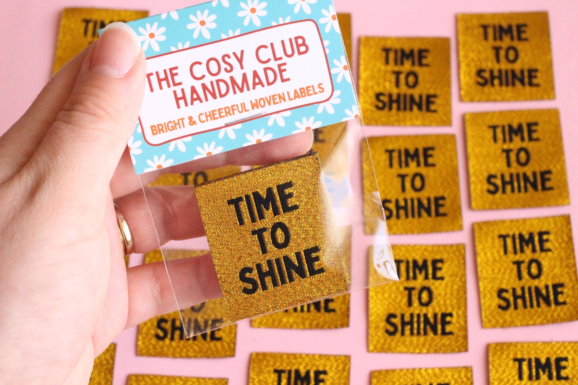 Metallic Gold Woven Sewing Labels – Pack of 5 “Time to Shine” Tags, Shiny Clothing Labels for Handmade Knitting, Crochet & Quilting - The Cosy Club Handmade