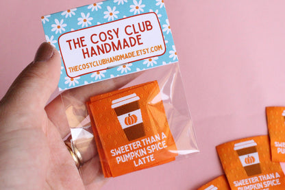 SWEETER THAN A PUMPKIN SPICE LATTE | Autumn Fall Flat Woven Sewing Labels (5 Pack) - The Cosy Club Handmade