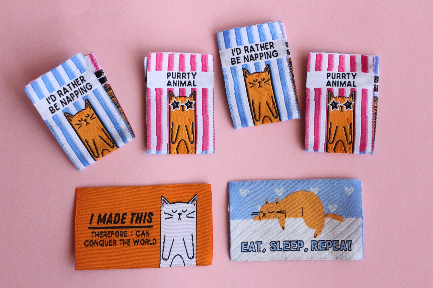 KITTY PACK | Pack of 6 cat themed woven sewing labels for handmade clothes/accessories "Size: Purrfect" "I'd Rather Be Napping" - The Cosy Club Handmade