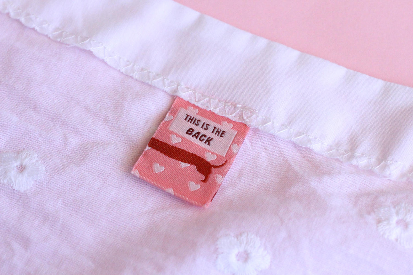 Woven Sewing Labels for Handmade Clothes – Pack of 6 Pink Sausage Dog Tags, “This Took A Long Time To Make” & “This Is the Back” - The Cosy Club Handmade