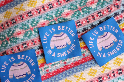 Winter Woven Sewing Labels – Pack of 5 Cosy Labels “Life is Better in a Sweater” Tags, Fun Clothing Labels for Handmade Projects, Knitting - The Cosy Club Handmade